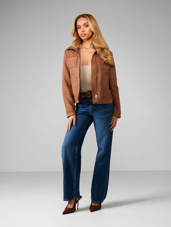 MISSGUIDED Brown Suede Bomber Jacket With Zip