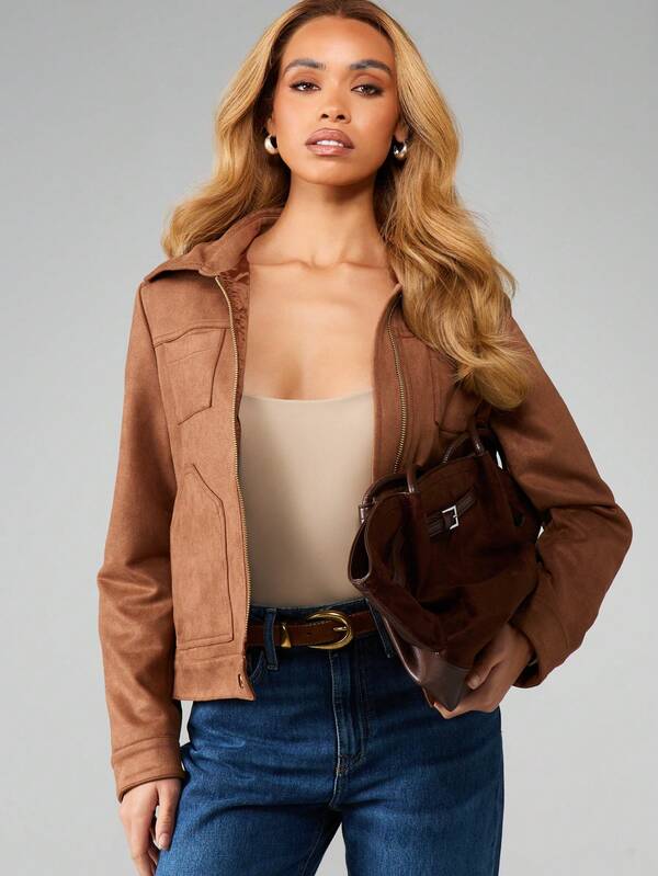 MISSGUIDED Brown Suede Bomber Jacket With Zip