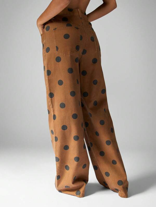 MISSGUIDED Brown Wide Leg Jeans With Black Polka Dots