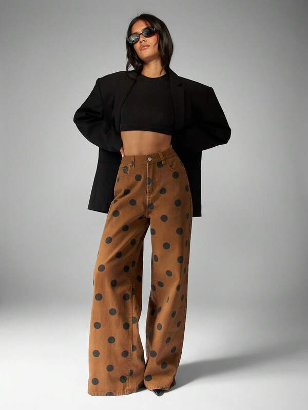 MISSGUIDED Brown Wide Leg Jeans With Black Polka Dots