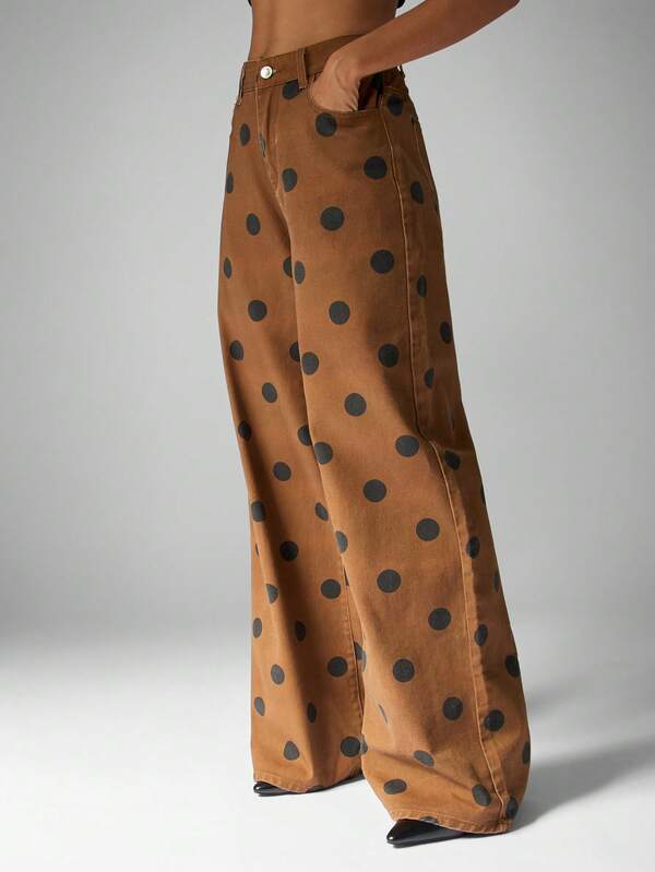 MISSGUIDED Brown Wide Leg Jeans With Black Polka Dots