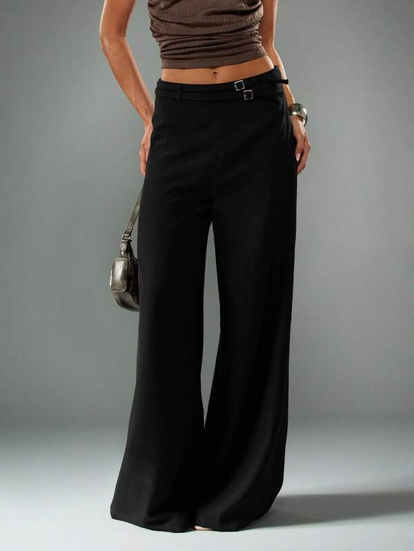 MISSGUIDED Buckle Belt Wide Leg Trousers