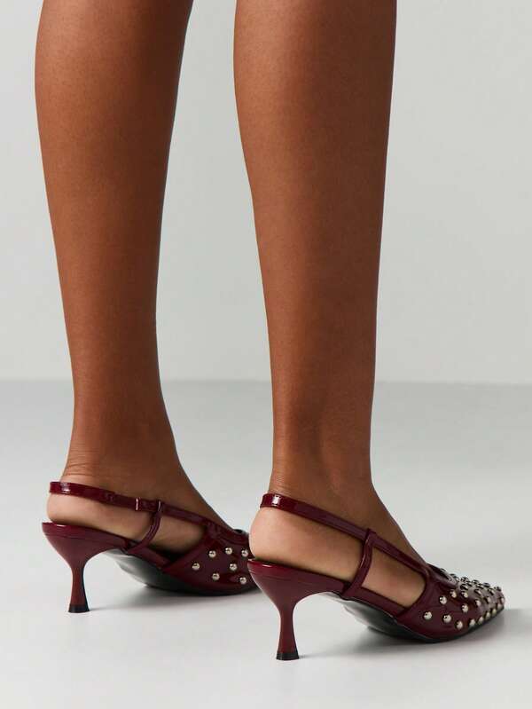 MISSGUIDED Burgundy Studded Pointed Toe Slingback Pumps
