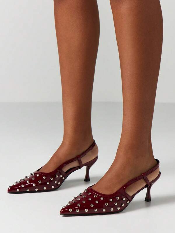 MISSGUIDED Burgundy Studded Pointed Toe Slingback Pumps