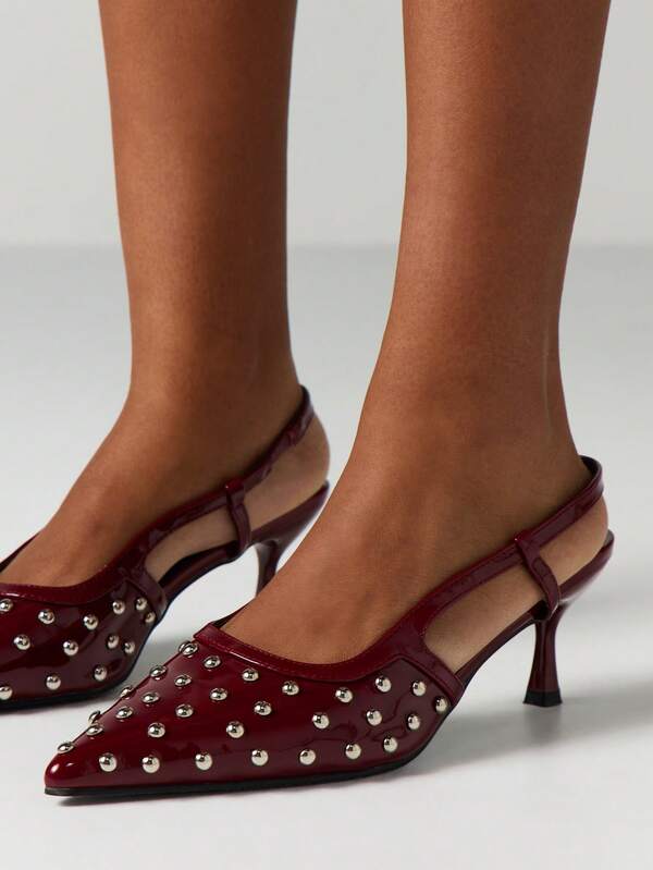 MISSGUIDED Burgundy Studded Pointed Toe Slingback Pumps