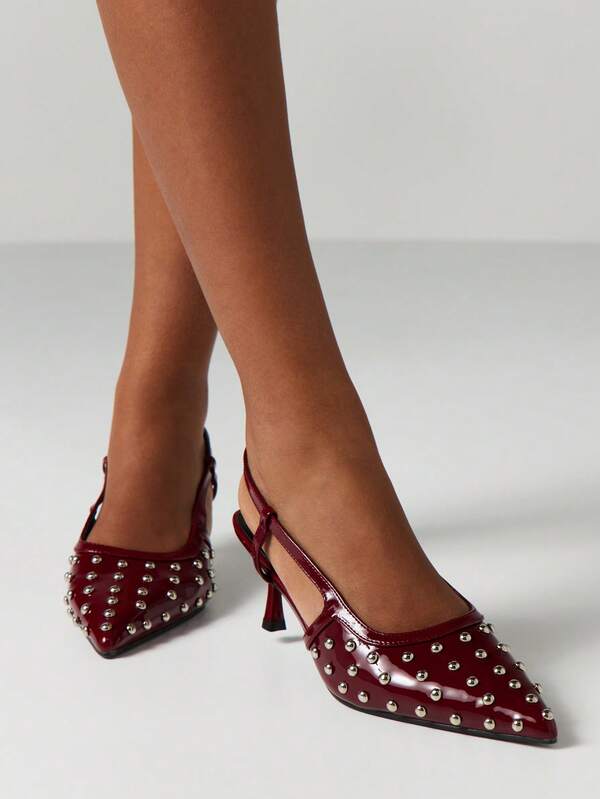 MISSGUIDED Burgundy Studded Pointed Toe Slingback Pumps