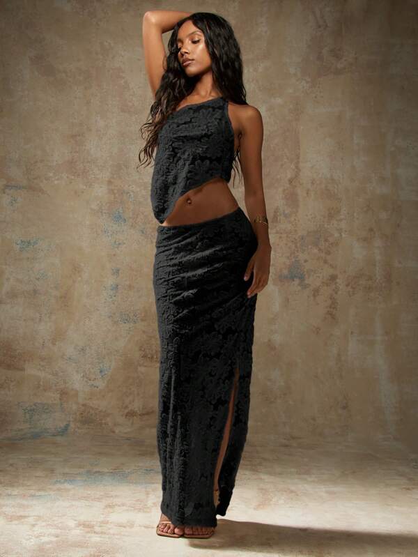 MISSGUIDED Burn Out Velvet Asymmetrical Two-Piece Outfits