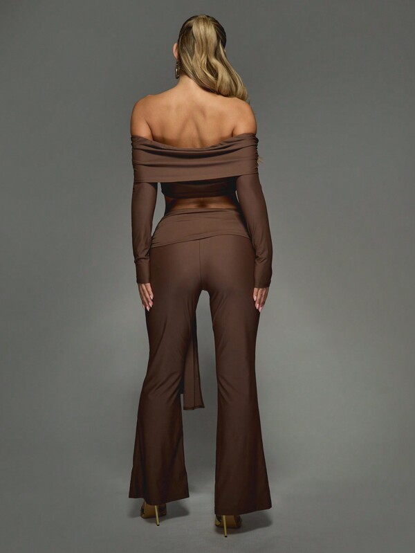 MISSGUIDED Butterfly Detail Off Shoulder Slinky Long Sleeves Bardot Top And Flare Hem Pants Two Piece Co Ord Set