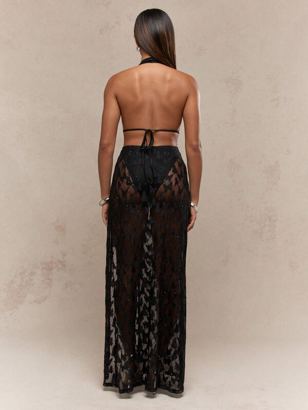 MISSGUIDED Butterfly Lace Maxi Dress With Plunge Neckline And High Slit