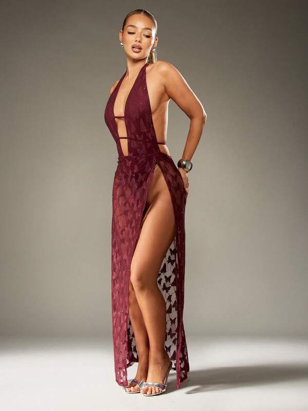MISSGUIDED Butterfly Lace Plunge Halter Maxi Dress With Glitter