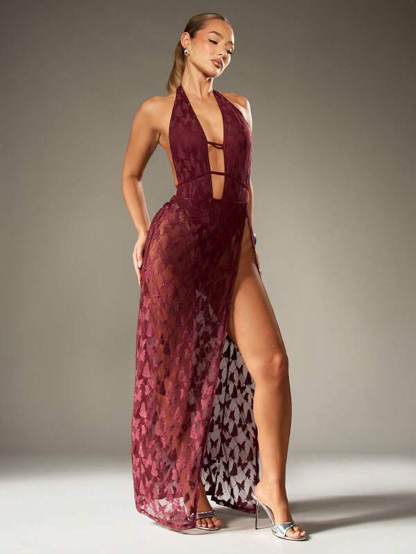 MISSGUIDED Butterfly Lace Plunge Halter Maxi Dress With Glitter
