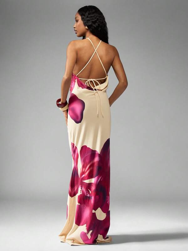 MISSGUIDED Butterfly Print Halter Neck Maxi Dress With Statement Brooch