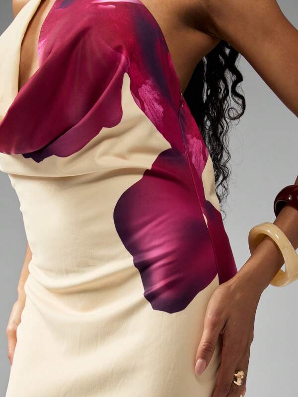 MISSGUIDED Butterfly Print Halter Neck Maxi Dress With Statement Brooch