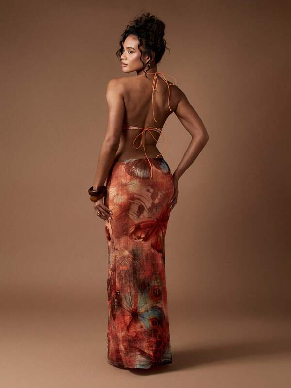 MISSGUIDED Butterfly Print One Shoulder Cut Out Glamorous Statement Maxi Dress