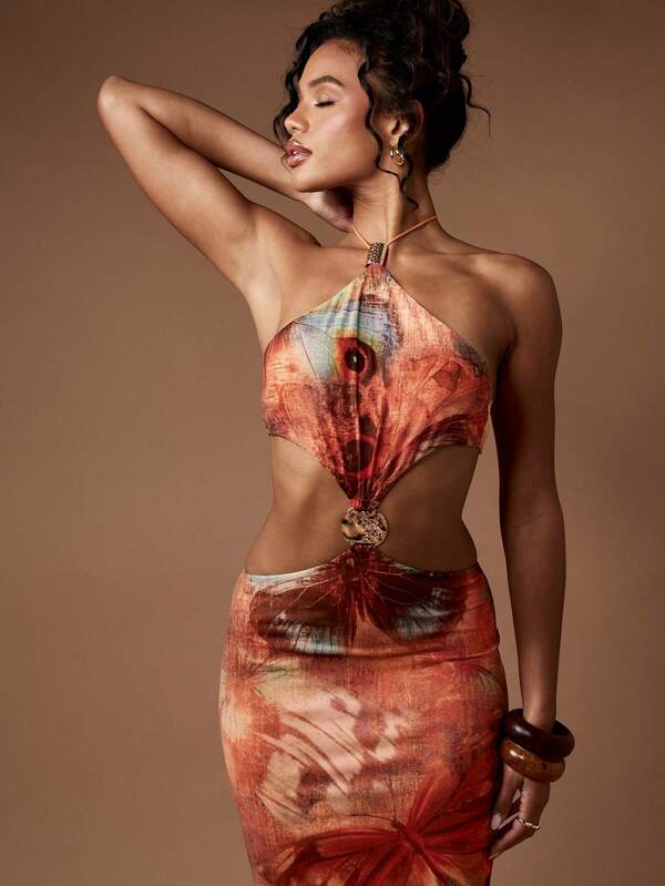MISSGUIDED Butterfly Print One Shoulder Cut Out Glamorous Statement Maxi Dress