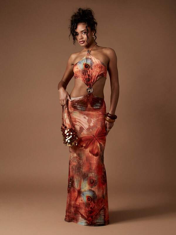 MISSGUIDED Butterfly Print One Shoulder Cut Out Glamorous Statement Maxi Dress