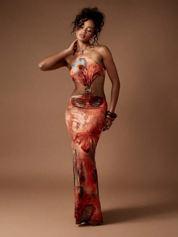MISSGUIDED Butterfly Print One Shoulder Cut Out Glamorous Statement Maxi Dress