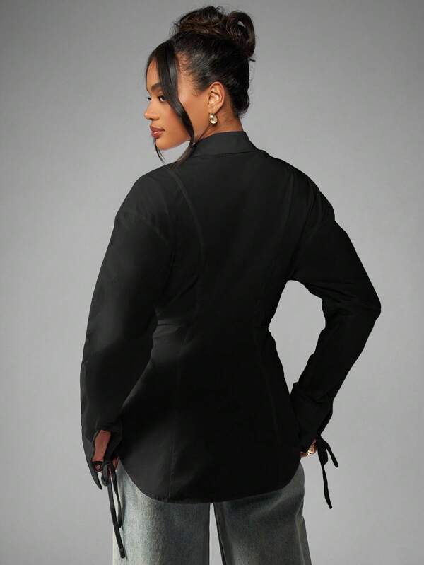 MISSGUIDED Button Down Blouse With Ruched Waist And Tie Cuffs