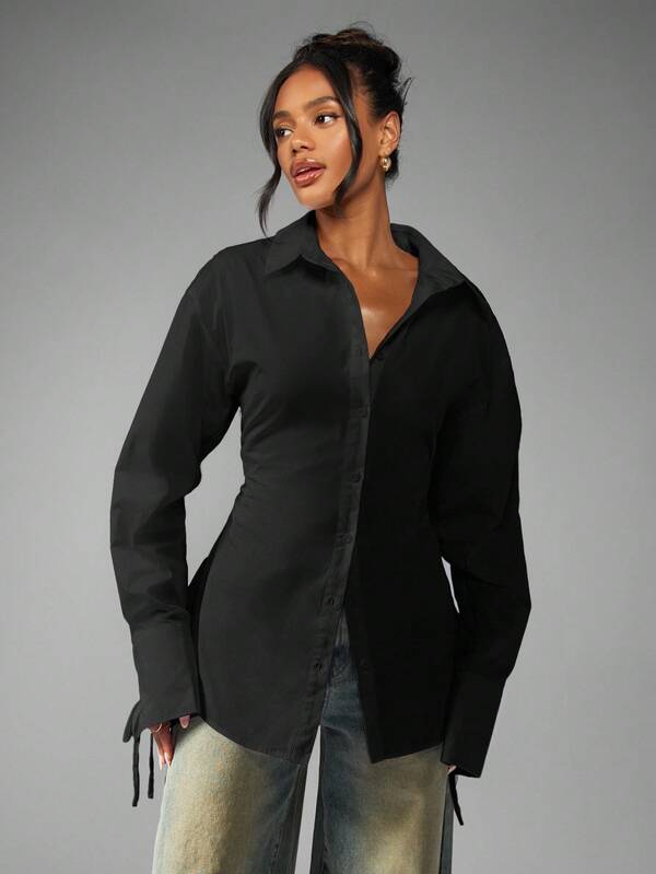MISSGUIDED Button Down Blouse With Ruched Waist And Tie Cuffs