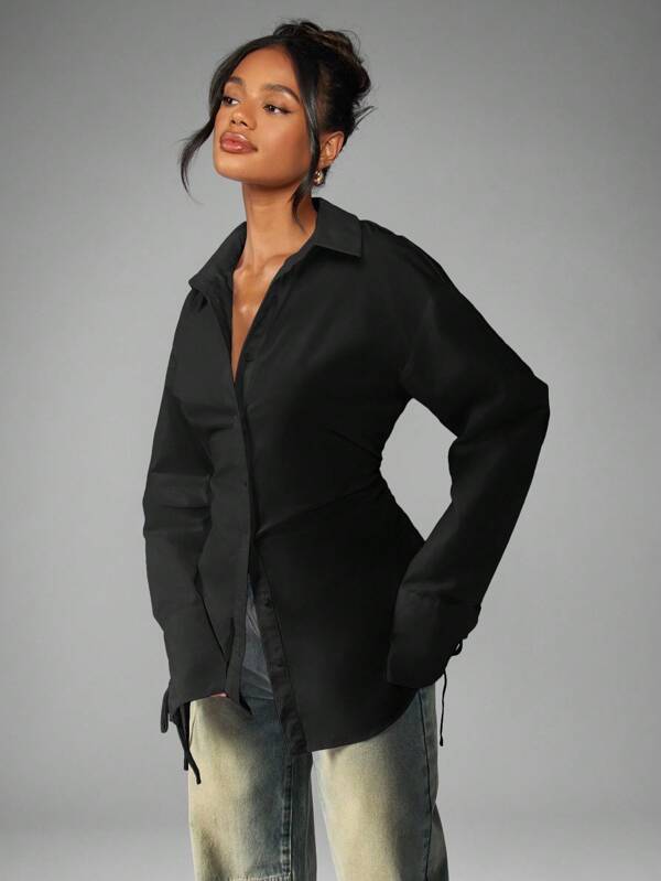 MISSGUIDED Button Down Blouse With Ruched Waist And Tie Cuffs