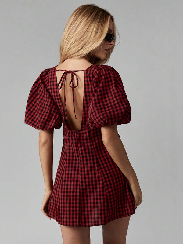 MISSGUIDED Button Down Mini Dress With Puff Sleeves And Bow Back
