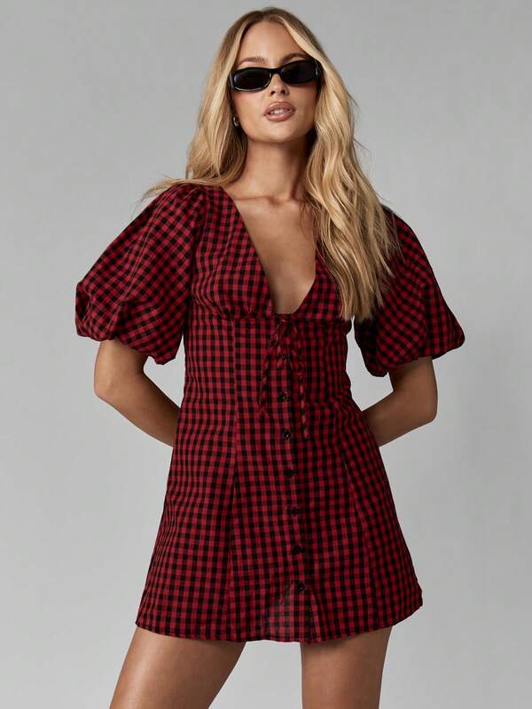 MISSGUIDED Button Down Mini Dress With Puff Sleeves And Bow Back