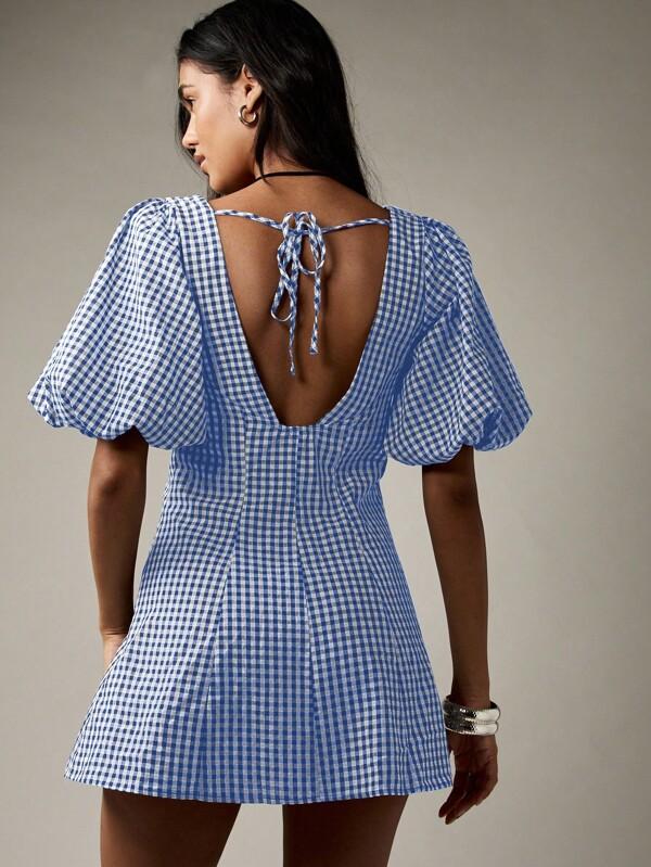 MISSGUIDED Button Down Mini Dress With Puff Sleeves And Front Tie