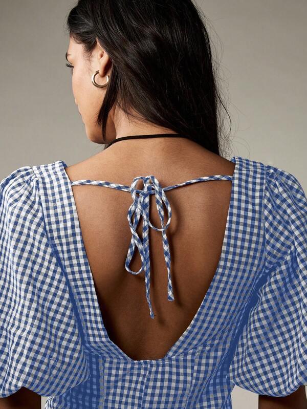 MISSGUIDED Button Down Mini Dress With Puff Sleeves And Front Tie