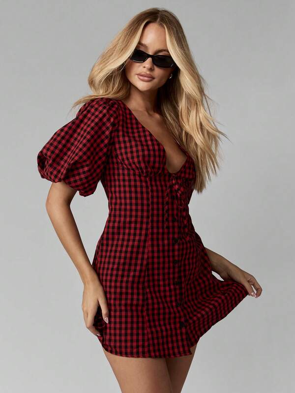 MISSGUIDED Button Down Mini Dress With Puff Sleeves And Bow Back
