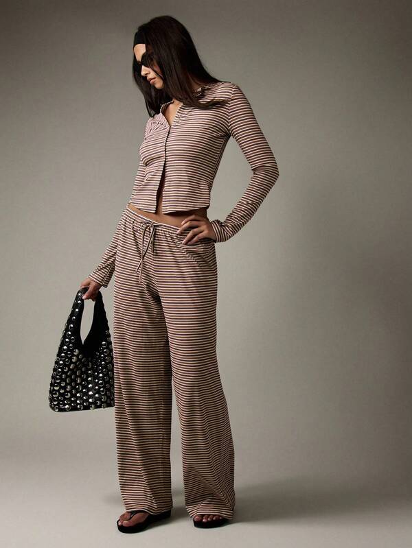 MISSGUIDED Button Down Ribbed Crop Top And Wide Leg Pants