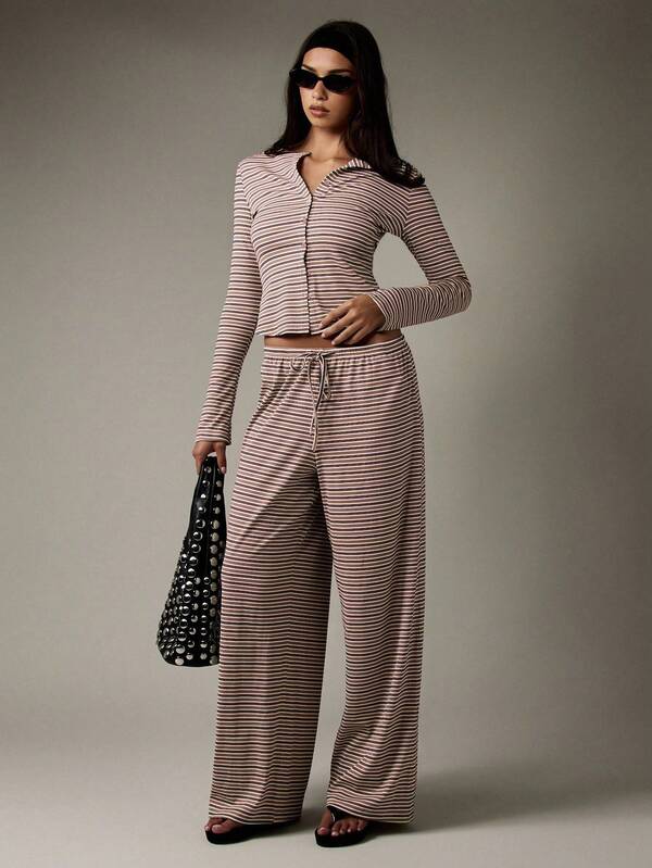 MISSGUIDED Button Down Ribbed Crop Top And Wide Leg Pants