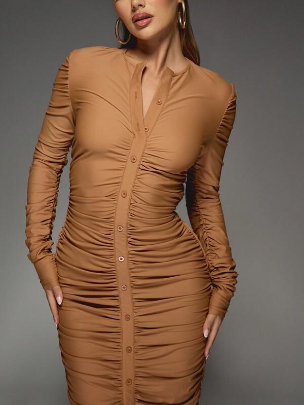 MISSGUIDED Button Down Slinky Long Sleeves Ruched Maxi Dress