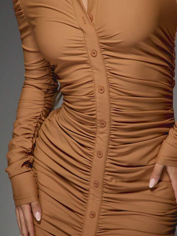 MISSGUIDED Button Down Slinky Long Sleeves Ruched Maxi Dress