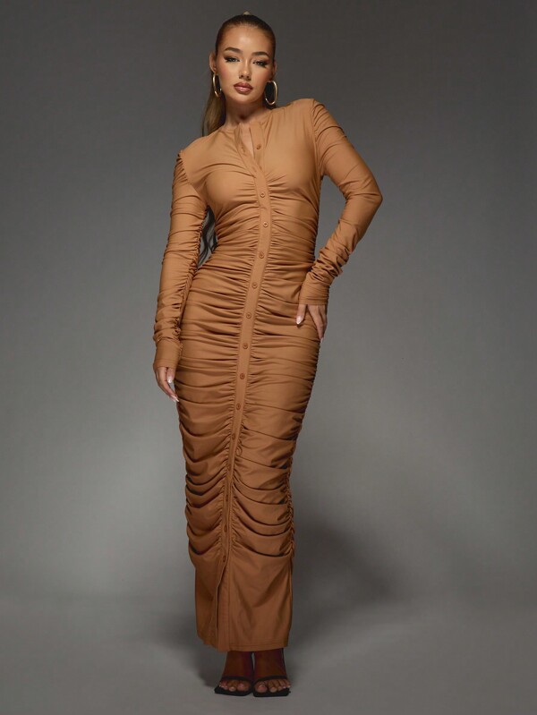MISSGUIDED Button Down Slinky Long Sleeves Ruched Maxi Dress