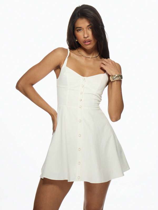 MISSGUIDED Button Down Sweetheart Neckline Fit And Flare Mini Dress