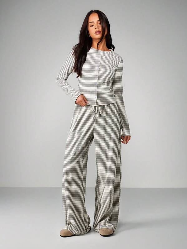 MISSGUIDED Button Front Cardigan With Wide Leg Pants Co Ord Set