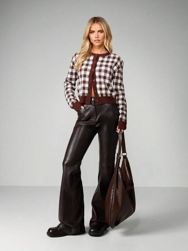 MISSGUIDED Button Front Gingham Check Cardigan