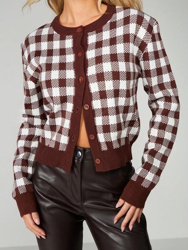 MISSGUIDED Button Front Gingham Check Cardigan