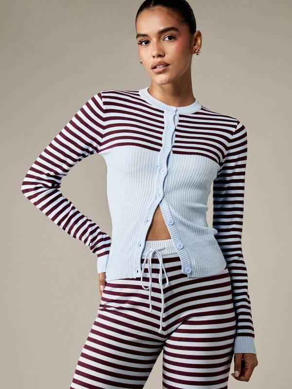 MISSGUIDED Button Front Knit Cardigan With Ribbed Stripe Pattern
