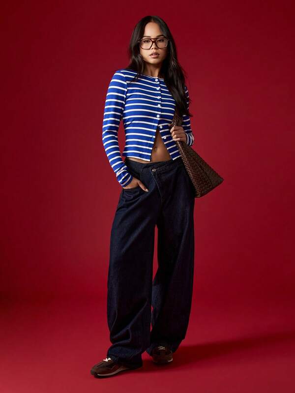 MISSGUIDED Button Front Ribbed Cardigan With Crew Neck Stripes