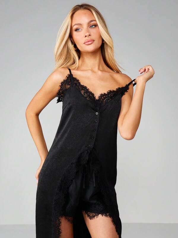 MISSGUIDED Button Front Satin Cami With Lace Trim