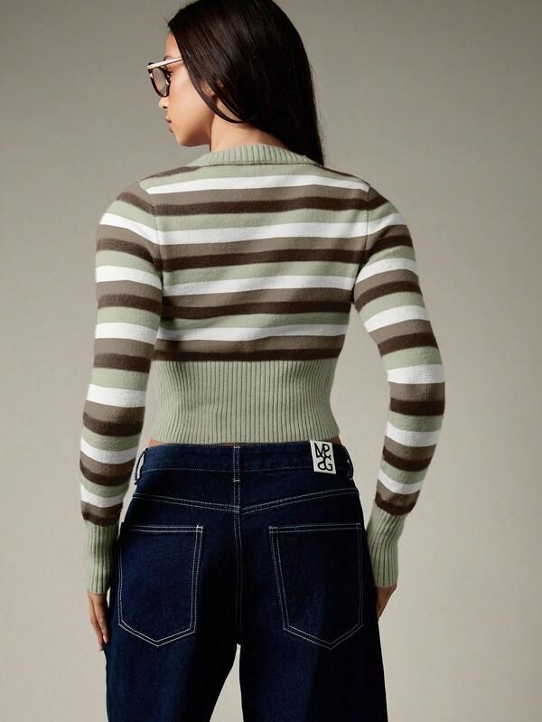 MISSGUIDED Button Front Striped Knit Cardigan With Ribbed Trim