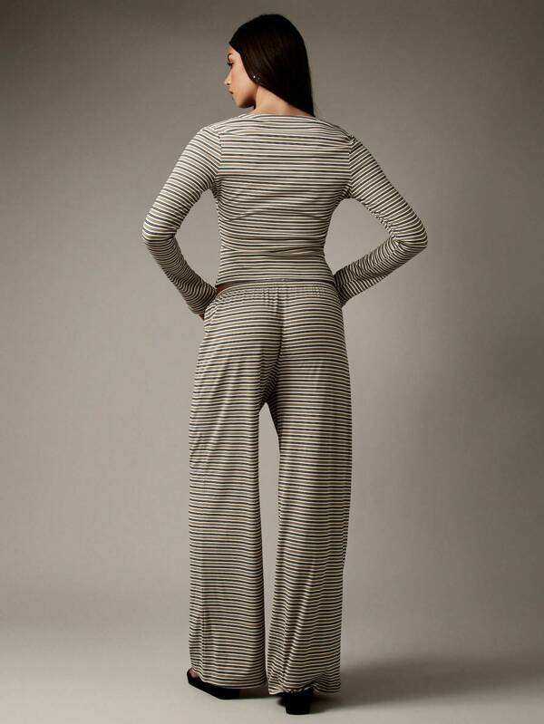MISSGUIDED Button Through Ribbed Striped Wide Leg Two Piece Outfit