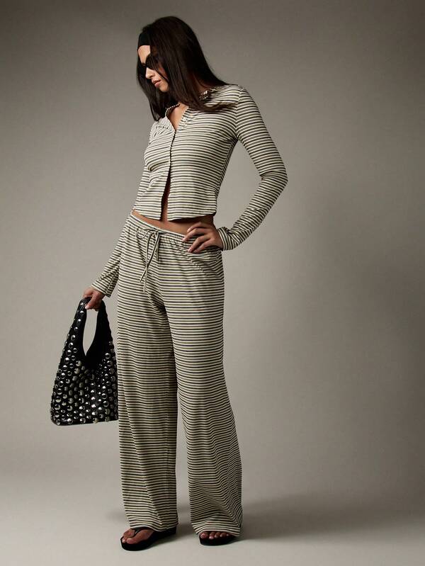 MISSGUIDED Button Through Ribbed Striped Wide Leg Two Piece Outfit