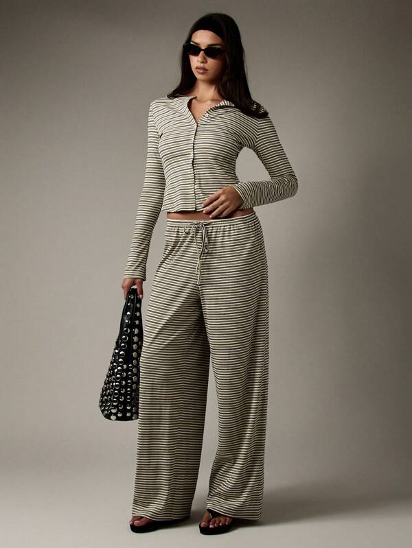 MISSGUIDED Button Through Ribbed Striped Wide Leg Two Piece Outfit