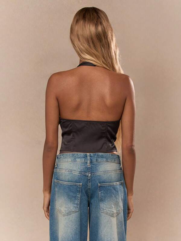 MISSGUIDED Buttoned Ruched Bust Plunge Neck Crop Top