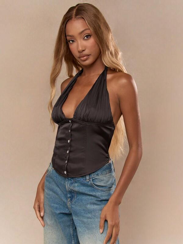 MISSGUIDED Buttoned Ruched Bust Plunge Neck Crop Top
