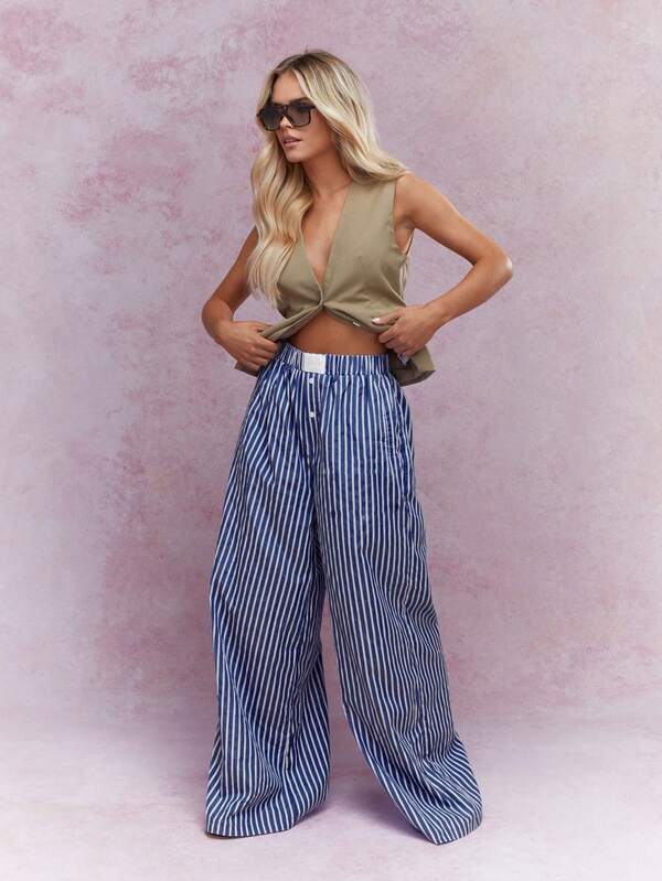 MISSGUIDED Buttoned Striped Wide Leg Pajama Pants