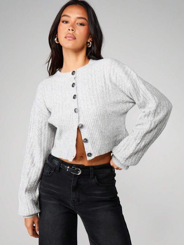 MISSGUIDED Cable Knit Button Front Cropped Cardigan