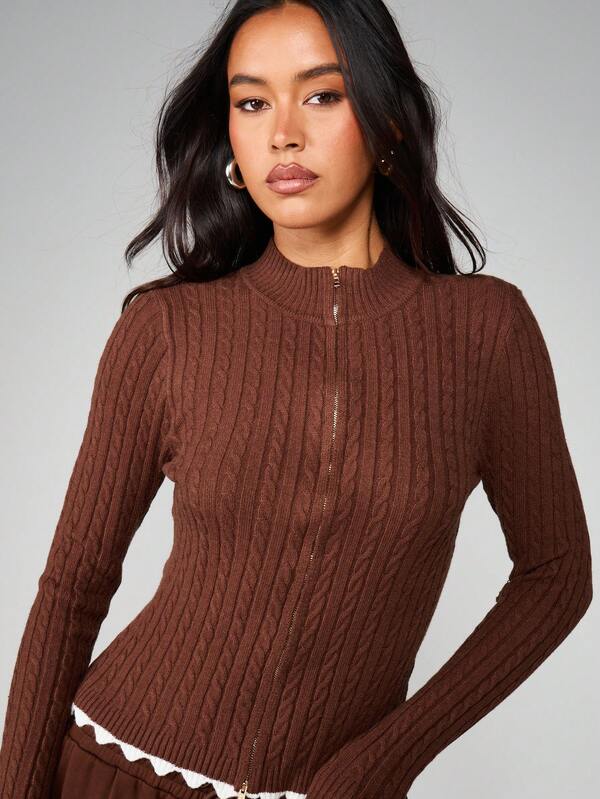 MISSGUIDED Cable Knit Cardigan With Scalloped Trim